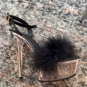 Black Feather Platform Ankle-Strap Heels